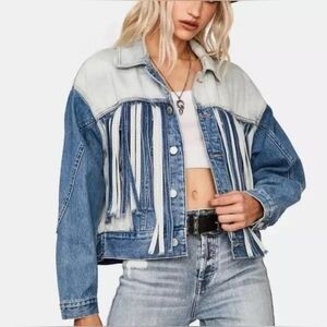 BLANKNYC Bonnaroo Blue Denim‎ Two Tone Fringe Western Jean Jacket Size M